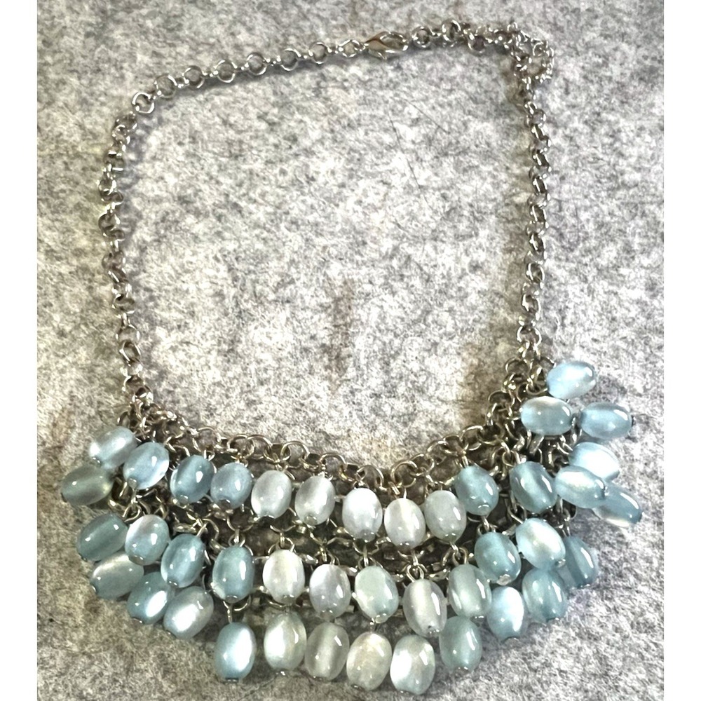 Vintage Blue Beaded Bib Necklace 3 Tiered chained acrylic plastic 16-18"